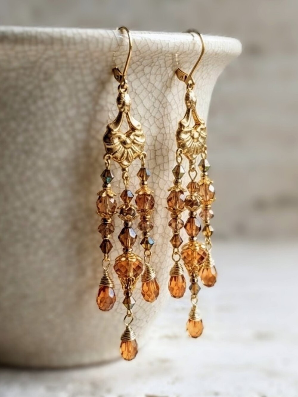 Victorian Festive Chandeliers In Fizzy Peach Artisan Long Handmade Earrings